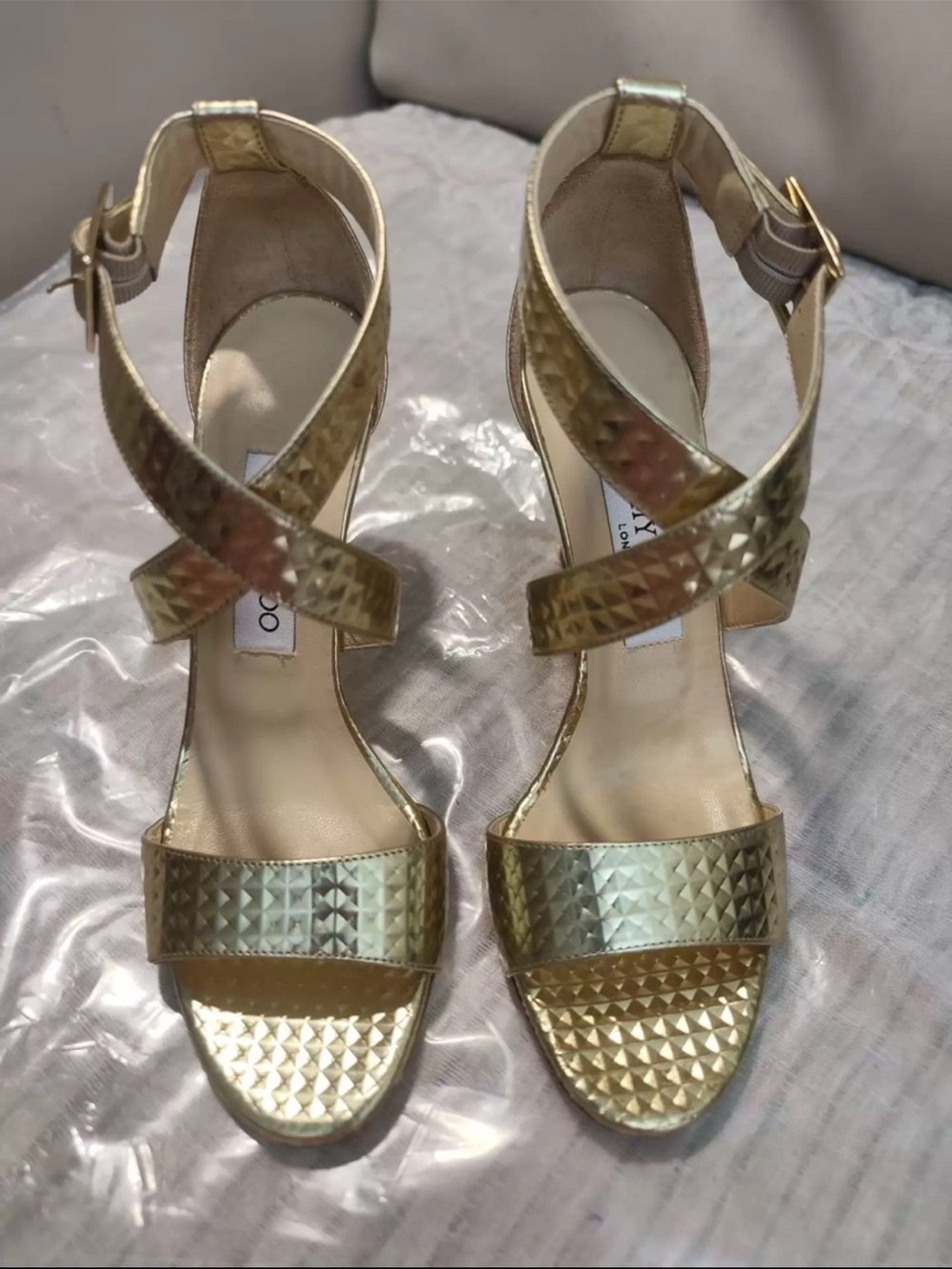Jimmy Choo NWOT Gold Textured Crisscross Strap Heels